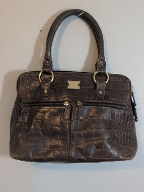 Croc-Embossed Satchel Tote in Dark Brown